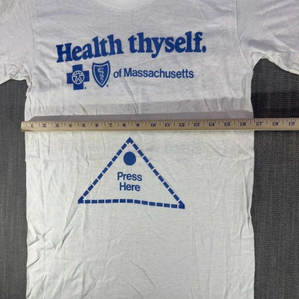 Vintage Blue Cross Blue Shield Shirt Mens Small White Health Thyself Graphic Tee